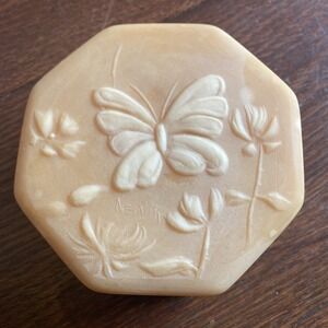 Vintage Butterfly Floral Soapstone Trinket Box Pink Hexagon Design Signed Nemith
